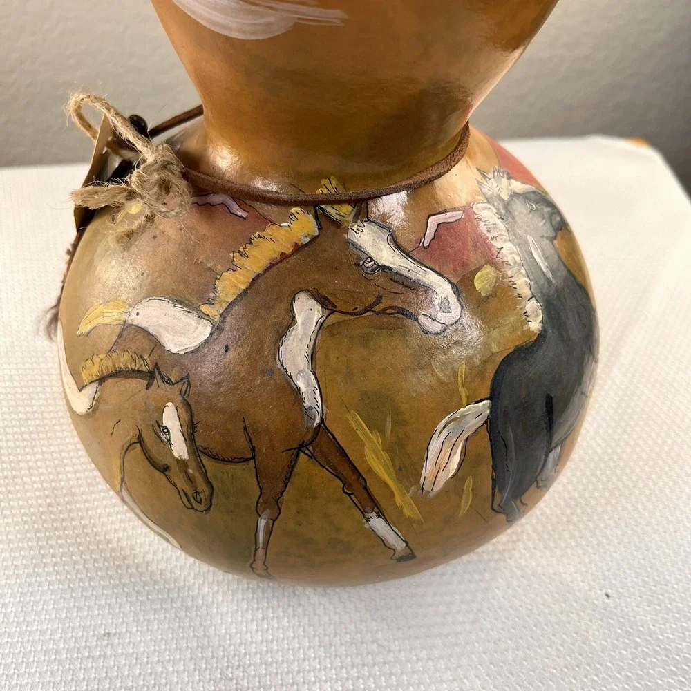Hand Painted Horse Heads Gourd Art Pot Vase, Signed 10